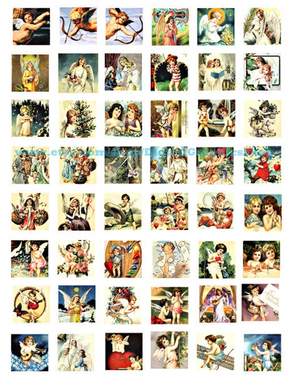 vintage angels cupids, postcard art, collage sheet, printable art, 1" squares, clipart, instant download, digital print
