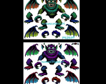 Bat monster man paper doll collage sheet, digital download, kids printable halloween craft cut outs