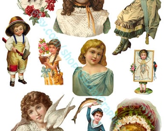 victorian children, digital collage sheet, printables, instant download art die cuts scrapbooking