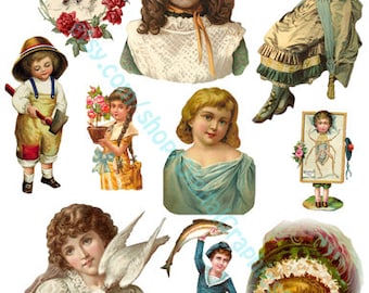 Vintage victorian children, digital collage sheet, printables, instant download art die cuts scrapbooking