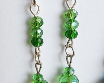 green crystal glass bead earrings, bead drop long dangles,  handmade glass beaded jewelry