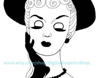 1930s fancy hat classy lady printable art cartoon pinup girl face png jpg svg vector instant download clipart digital print