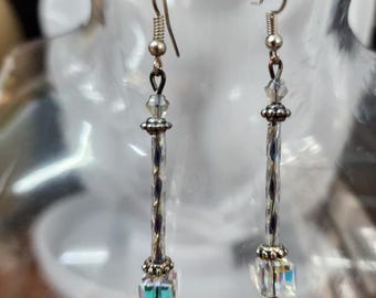 aurora borealis clear crystal glass bead drop earrings long dangles handmade jewelry