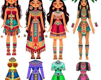 Aztec warrior princess women paper dolls clipart printable Mexican indian folk art, mexico people, kids crafts download, digital print
