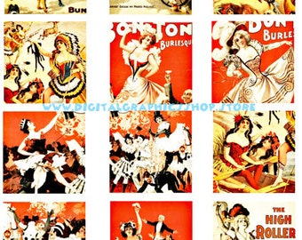 vintage burlesque dancers collage sheet women dancing pinups digital download 2" inch squares images printables