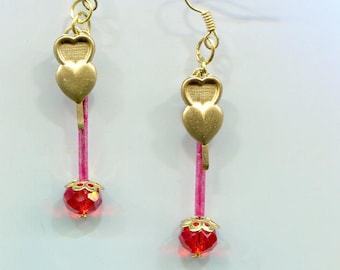 gold hearts earrings, red glass bead drop earrings, long dangles, handmade jewelry