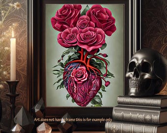 Human Heart red roses surreal original art 8x10 inch semi gloss -Human anatomy-flowers art print