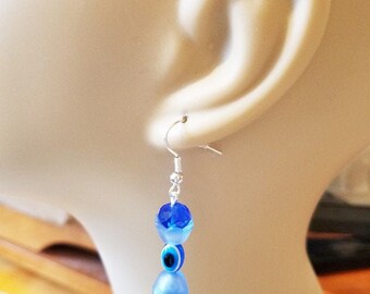 blue evil eye earrings, blue bead earrings, bead drop dangles, glass, acrylic, handmade beaded jewelry