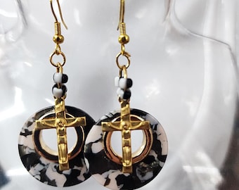 cross crucifix black and white hoop earrings, metal charm dangles brass religious jewelry