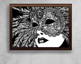 woman wearing feather mask, printable art, mardi gras clipart, instant download, png overlay, costume party image