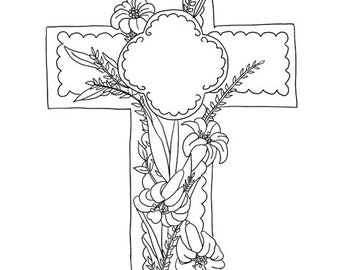 floral cross line art, printable wall art, cross clipart jpg, instant download, digital christian coloring page