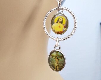 jesus christ picture charm hoop earrings dangles religious christian  jewelry handmade