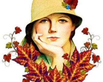 womans face fall autumn leaves pinup girl clipart png printable wall art digital download flapper girl hat graphics images crafts print out