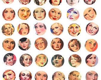 pinup girls faces, digital collage sheet, 1 inch circles, clipart, instant download printable pendant images
