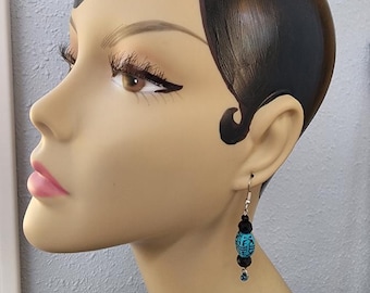 blue and black bead drop earrings, dangles,  handmade beaded boho jewelry