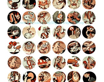 monsters, creatures, aliens, digital collage sheet, 1 inch circles, cartoon, clipart, instant downloads, vintage printable, paper ephemera,