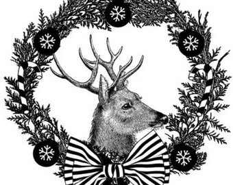 deer buck christmas wreath png printable wall art print jpg clipart vintage animal digital download image graphics Transfers