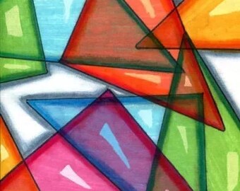 geometric abstract original art, markers drawing, Glass Shards, Triangles, colorful modern artwork ,by Elizavella