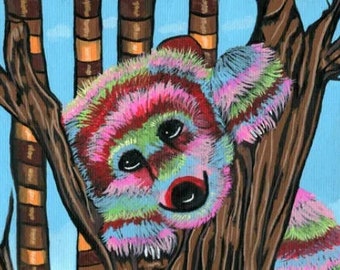 happy rainbow bear cub original art painting, abstract art, trees, animal art, colorful wildlife outsider folk art