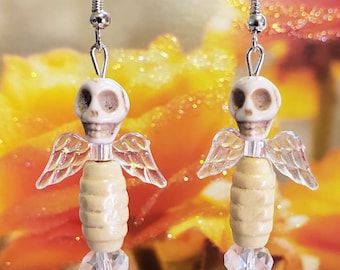 white butterfly sugar skull earring skull bead drop earrings day of the dead goth jewelry