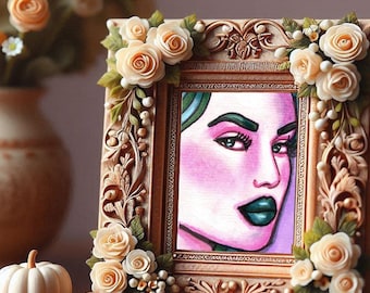 pink and teal womans face aceo atc original art drawing makeup beauty miniature portrait artwork By Elizavella
