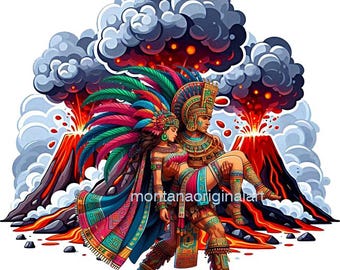aztec warrior holding woman erupting volcanoes png aztec princess jpg color illustration printable  Mexican indian art digital download