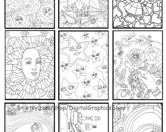 printable aceo coloring pages art trading cards  2.5" x 3.5" digital collage sheet, tags, lables clipart, instant download