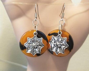 spiderweb earrings, circle dangles earrings, orange and black, halloween goth handmade jewelry