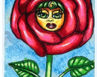 red rose flower girl aceo drawing original art fantasy fairytale miniature art
