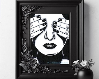 original horror art ink drawing peek a boo lady dark gothic art witches modern
