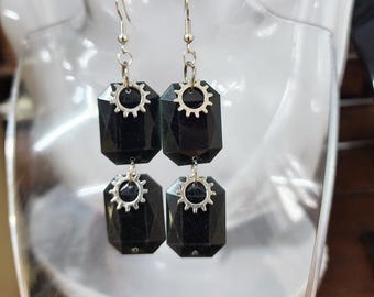 silver gear charms black drop earrings handmade jewelry