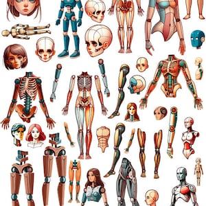 May include: A digital paper doll set with various body parts, including heads, torsos, limbs, and accessories. The dolls are in a cartoon style and feature a variety of colors and patterns. The set includes a variety of body types and styles, including a skeleton, a robot, and a human.