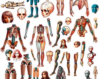 Cyborg robot men Women paper dolls collage sheet png clipart printable art digital print download