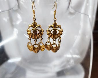 gold heart earrings, padlock charms, chandelier earrings, flower charms, metal, steampunk jewelry