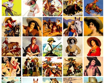 cowgirls pinup girls country western art collage sheet 1.5 inch squares clipart digital downloadable rodeo horses printable images