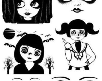 gothic doll faces digital collage sheet big eye girls art clipart jpg png printable wall art instant download graphics