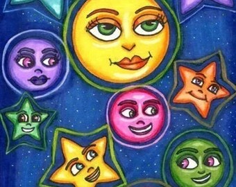 original art drawing happy moon star faces celestial art fantasy fairytale whimsical kids nursery room artwork