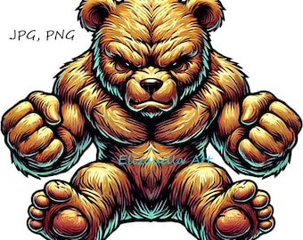 angry muscular teddy bear png, jpg clipart, printable art color illustration digital print download