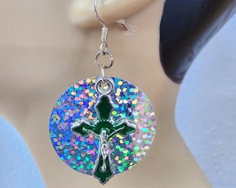 green cross earrings silver sequin circle dangles crucifix religious handmade jewelry