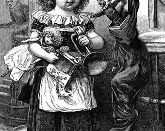 victorian girl antique toys printable art print vintage illustration digital instant download muneca black and white art