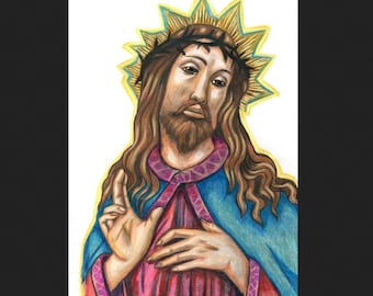 Jesus Christ art original colored pencil drawing, hand drawn artwork color illustration