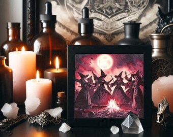 coven of witches dancing by fire ink drawing, original dark art , pen drawing, Goth dark fantasy art Elizavella