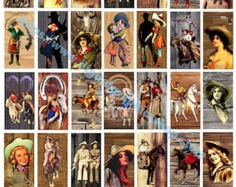 domino collage sheet vintage cowboys cowgirls on wood art clipart digital downloadable 1" x 2" inch country western rodeo images printables