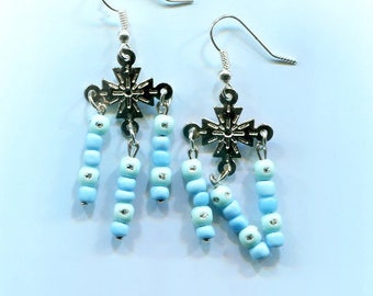 filigree cross earrings, chandelier earrings, blue bead drops,  long dangles, beaded handmade jewelry