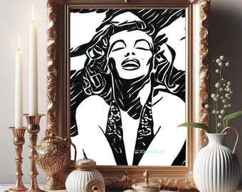 abstract woman sunbathing, blonde Pinup Girl art, face portrait pen ink original art drawing black & white artwork By Elizavella