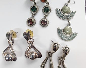 silvertoned toned metal drop dangle mixed earrings lot hooks and posts vintage jewelry