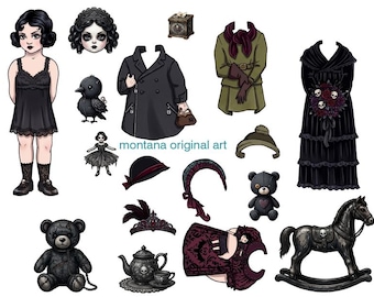 1920s Goth little girl paper doll with dresses articulated doll download Digital Printable Sheet Vintage style paper toys