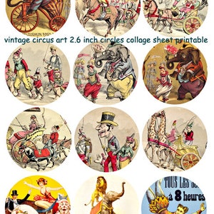 2.6 inch circles digital collage sheet Vintage Circus clowns animals art, carnival art instant download printable