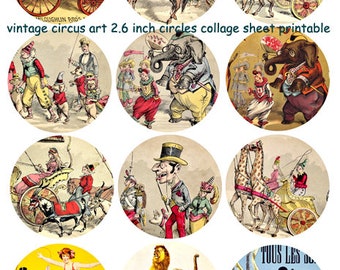 2.6 inch circles digital collage sheet Vintage Circus clowns animals art, carnival instant download printable cupcake toppers pins buttons