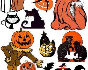 black cats, pumpkins, witch, die cuts, halloween cut outs, digital collage sheet, clipart png, instant download, printables